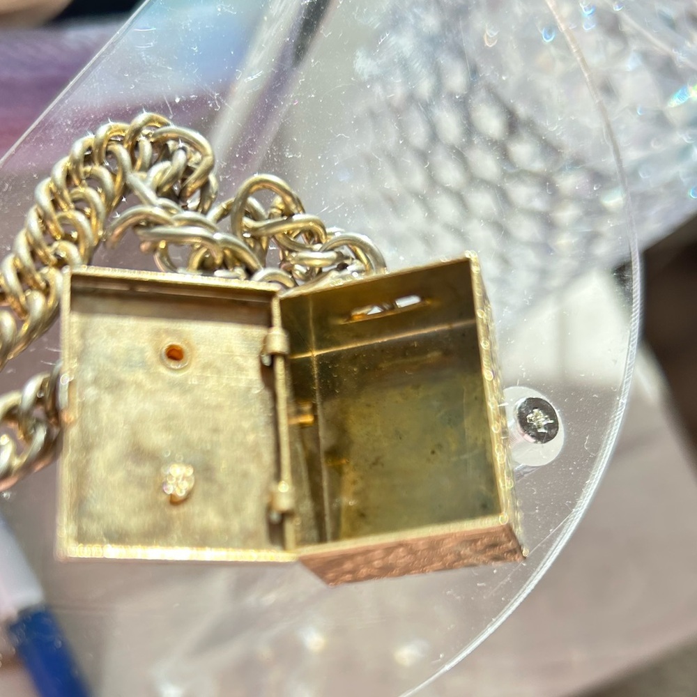 Gold Tone Bracelet w/Old Fashion Mother of Pearl Phone embellished w/Faux Gems - Picture 2 of 6